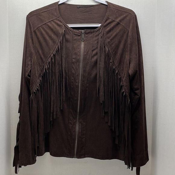Fringe, light suede feel jacket, large-ext large, zipper front, dark brown - Picture 7 of 12